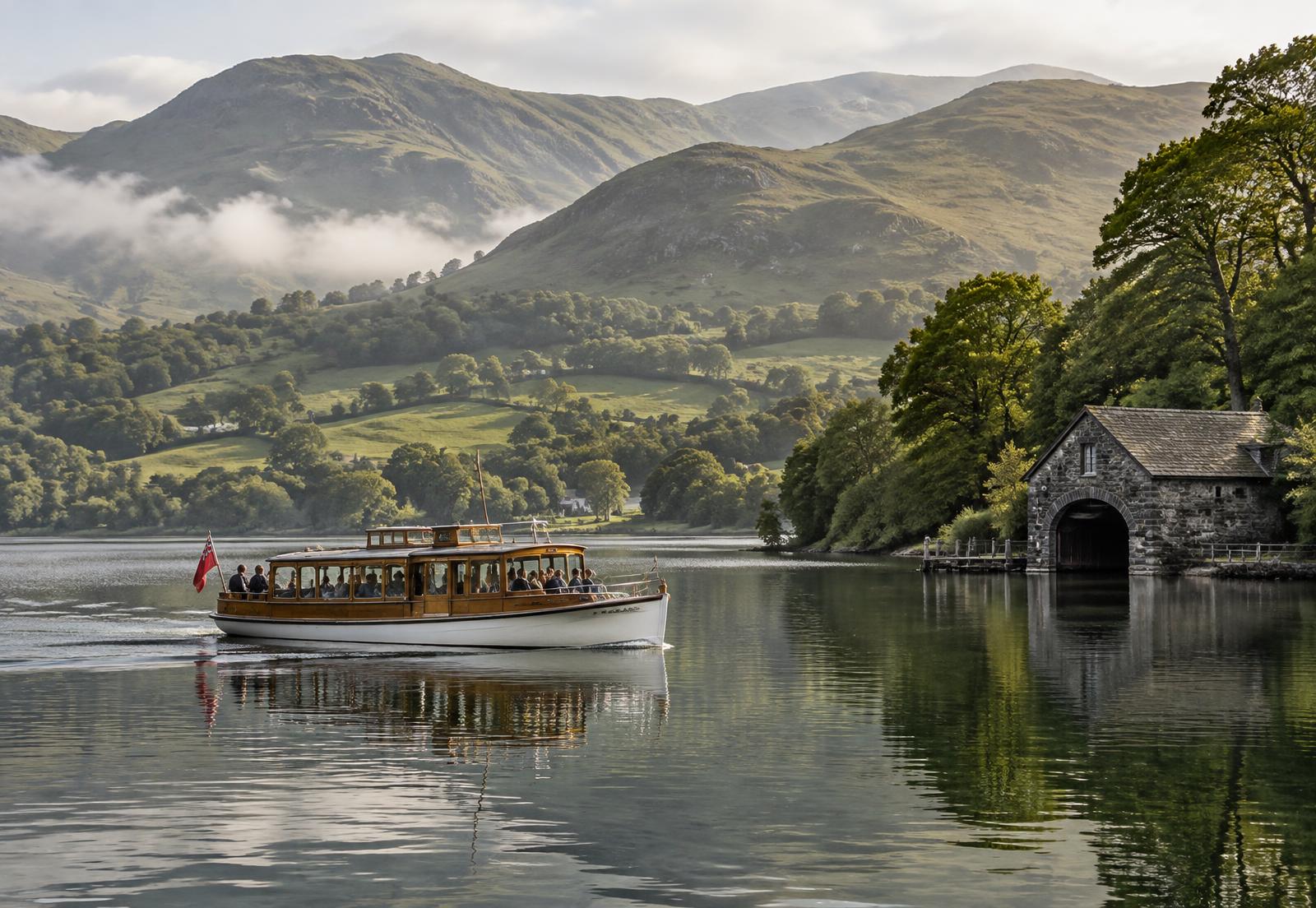 Classic passenger boat crossing a Lake District lake