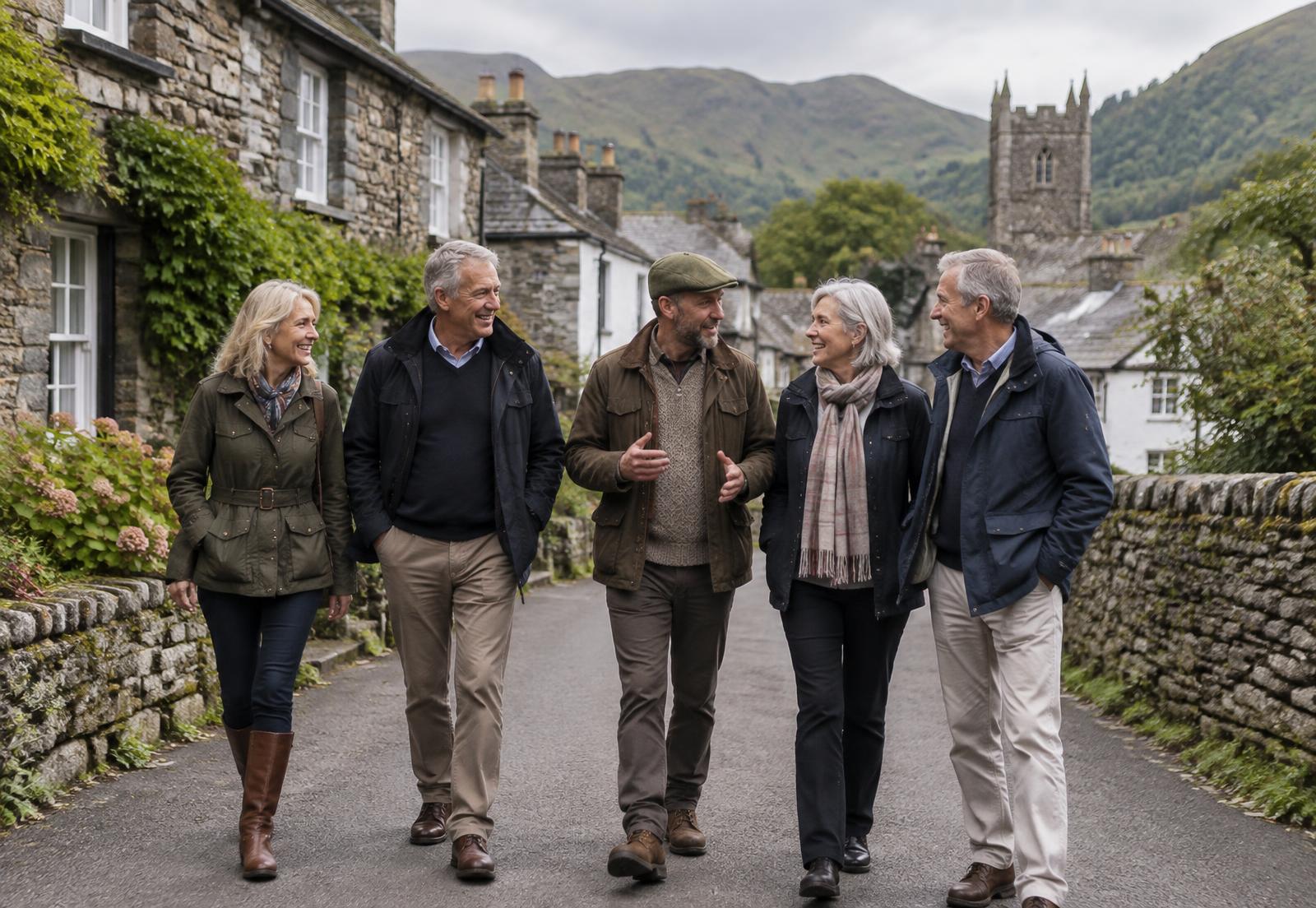 A small group of mature travellers exploring a Lakeland village with their host