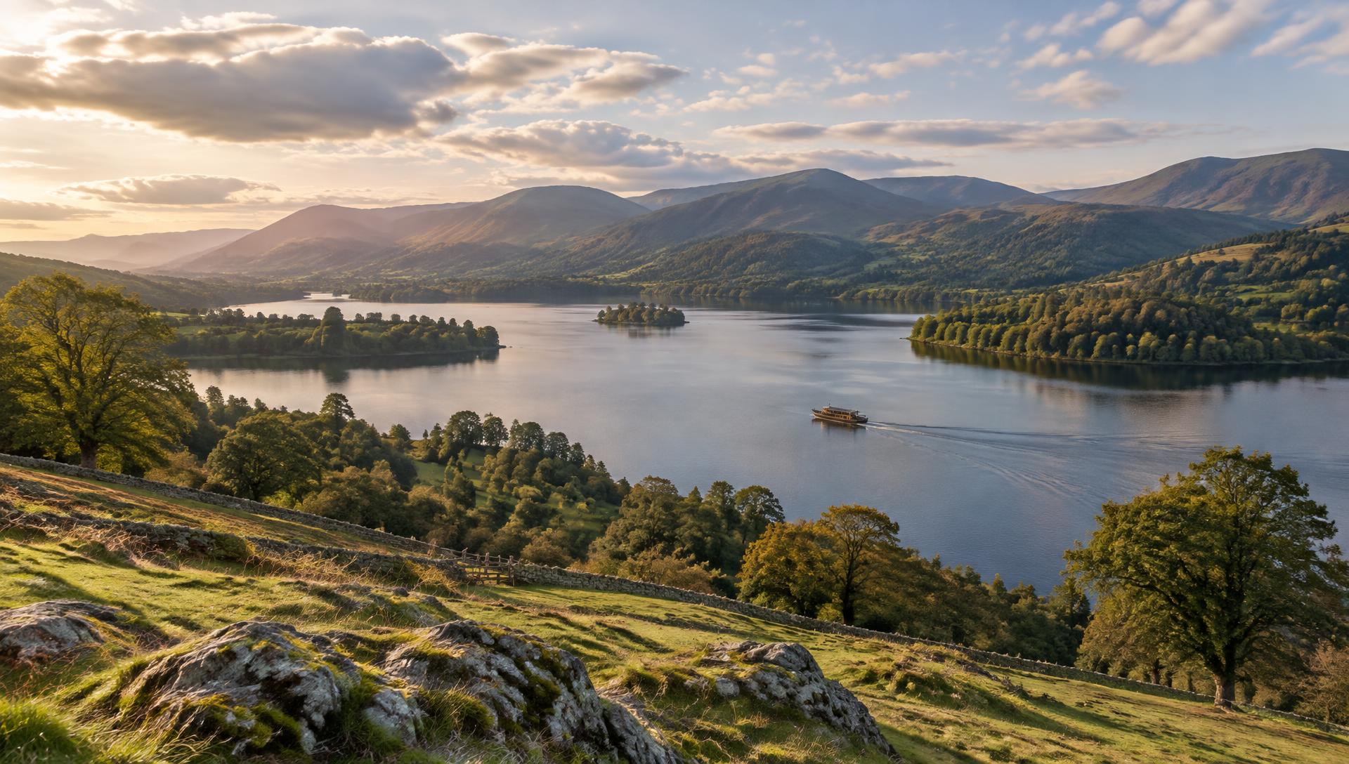 Lake and fells in the Lake District in warm evening light